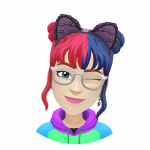 Bitmoji of apers with split-dye pink and blue hair, glasses, and a big smile
